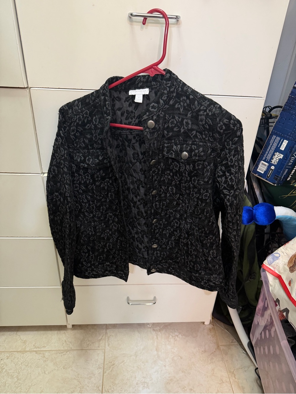 Charter Club Small Monochrome Flocked Floral Black Jacket